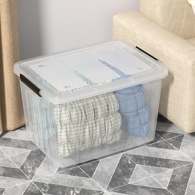 70 Quart Large Clear Plastic Storage Boxes with Wheels, 4 Packs | Stackable Plastic Latching Organization Bins with Lids