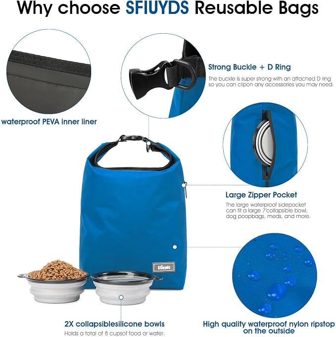 Pet Food Storage Bag Dog Storage Organizer Bag 2PCS Collapsible Dog Travel Bowls and Zipper Side Pocket for Home(Blue, Large)