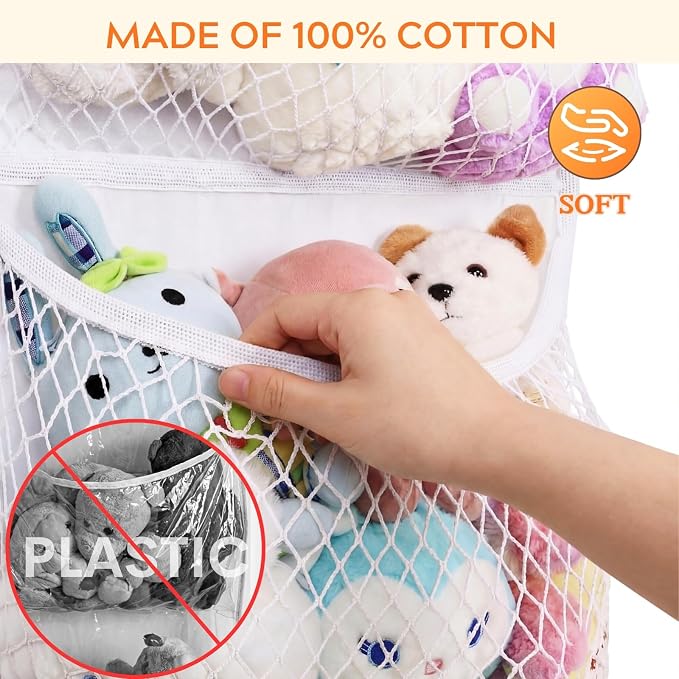 Over The Door Stuffed Animal Storage, Cotton Toy Organizer for Storage Plush Toys, Stuffed Animal Holder with 4 Large Pockets, Hanging Door Organizer for Nursery, Bedroom (White)
