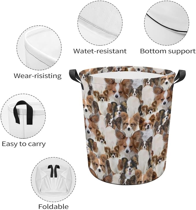 Cute Papillon Dog Print Laundry Basket Foldable With Handles, Funny Papillon Dog Tote Bag, Oxford Cloth Papillon Dog Laundry Hamper Clothes Storage Bucket For Bathroom Laundry Bedroom