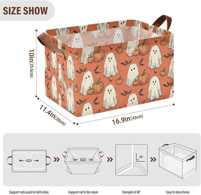 Fall Halloween Ghost with Pumpkin Storage Basket Foldable Cube Storage Bins with Handles&Label Waterproof Organizer Box Bin Large Rectangle Decorative Baskets for Shelves Home Room Laundry Party