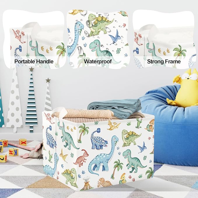 Clastyle Boho Dinosaur Laundry Basket Palm Tree Kids Clothes Book Storage Basket Gift Toy Box for Bedroom Decor,Pterosaur,40x30x30 cm | Large Storage Basket for Toys Clothes Books, 25kg Load Capacity, Freestanding, Waterproof, Collapsible