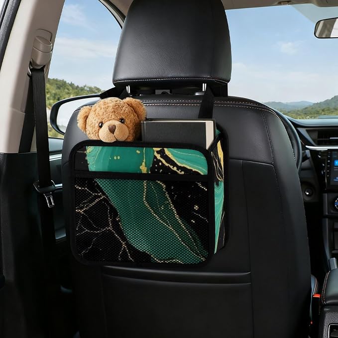 Car Organizers for Seat Back Vehicle Backseat Storage Pocket, Teal | Turquoise Green Gold Black Marble, Auto Hanging Pouch Trash Bag with Adjustable Buckle, Universal Fit for Vehicle Truck