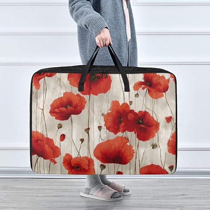 Comforter Storage Bags Large Folding Blanket Organizer Bag with Strong Handles Clear Window Closet Storage Containers for Clothes King Queen Pillows Bedding Quilt Duvet Rustic Red Poppy Flowers