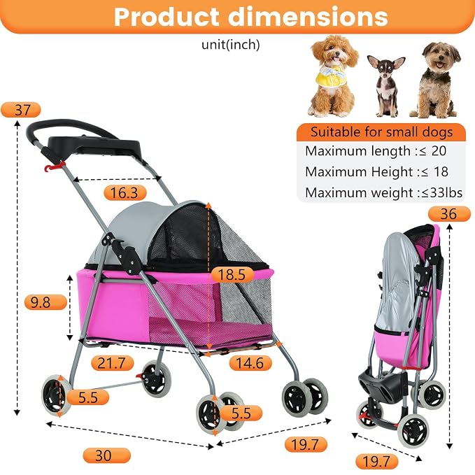 BestPet Foldable Pet Stroller for Small/Medium Dogs and Cats Up to 33 lbs | 4-Wheel Stroller Pet Strolling Cart w/ Breathable Mesh, Lockable Rear Wheels, Cup Holder/Tray & Storage Box, Pink