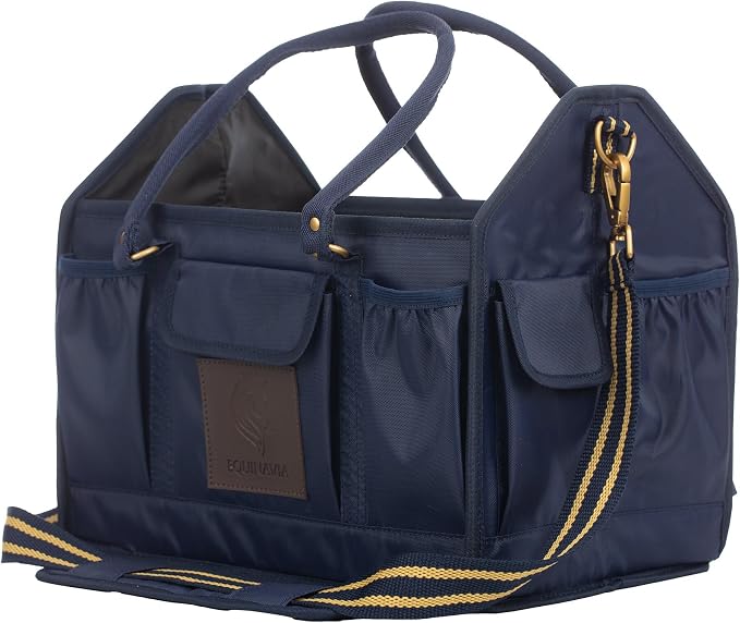 Equinavia Darby Large Collapsible Grooming Tote Bag for Horses, Dogs, Cats | Organizer with Shoulder Strap | 9" x 13" x 12" - Navy/Gold - One Size