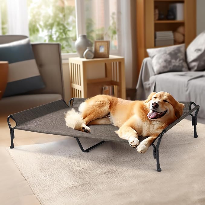 Veehoo Cooling Elevated Dog Bed, Raised Dog Cot with Guardrail & Headrest | Washable Dog Couch Bed for Indoor & Outdoor, Durable Breathable Teslin Mesh, Non-Slip Feet, XX Large, 63" x 37", Brown