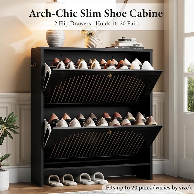 Shoe Cabinet Storage for Entryway, Narrow Shoe Rack 2 Flip Drawers with 3-Level Adjustable Shelves, 9.5" Slim Cabinet for Small Spaces, Midnight Black Wood Storage Cabinets Fits Size 12+