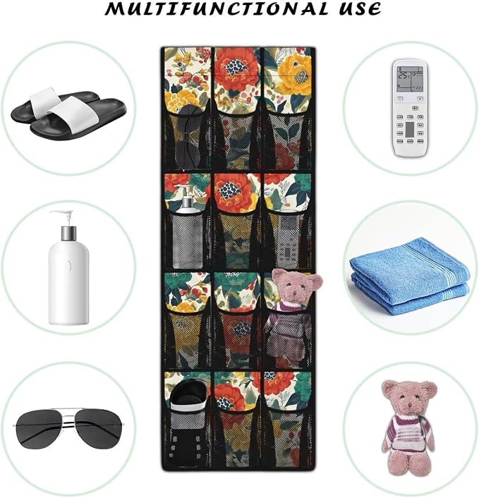 Floral Print Space Saving Hanging Shoe Organizer,Entryway Bedroom Bathroom Storage Bags with 12 Mesh Large Pockets,Stylish Print