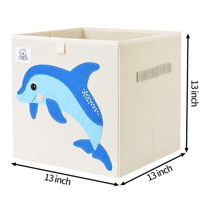 13 Inch Animal Cube Storage Bins, Foldable Fabric Kids Toy Box & Toy Chest | Kids Storage Cubes, Toy Storage Organizer Basket for Toddlers, Boys and Girls, Playroom and Nursery (Dolphine)