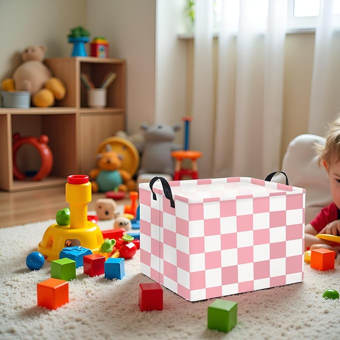 Rectangular Baby Girl Basket Fabric Storage Basket Storage Bin Organizer Box Room Decor(Pink Checkered)