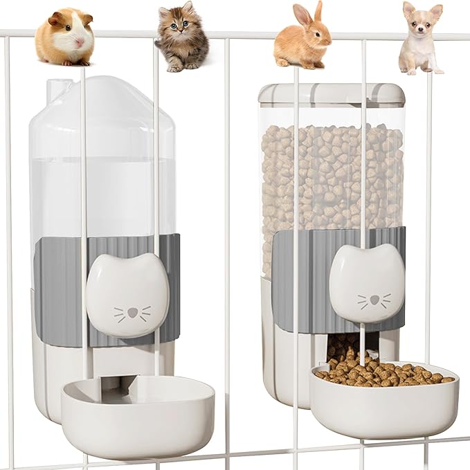 34oz Hanging Automatic Cat Food and Water Dispenser, 1L Auto Gravity Pet Feeder Set, Cage Cat Dog Feeder for Kitten Puppy Bunny Guinea Pig (Gray)