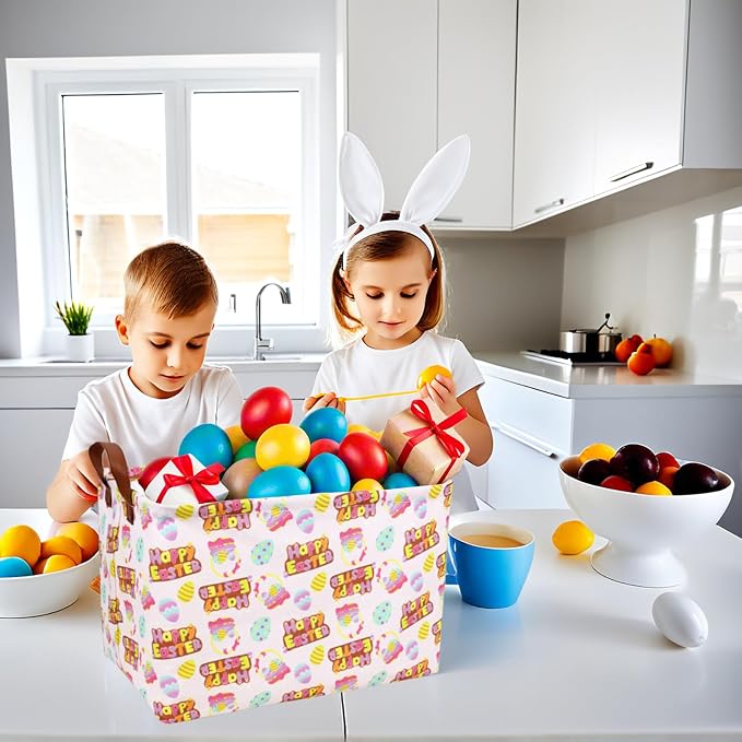Large Empty Easter Basket for Kid Baby Rectangular Cute Easter Gift Bunny Eggs Décor Storage Basket (Pink Happy Egg)