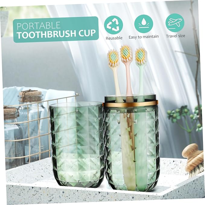Travel Toothbrush Cup Holder with Lid Reusable PET Green | Covered Brush Case, Portable Organizer for Toiletries, Easy Cleaning, Multipurpose Use, Stylish Design