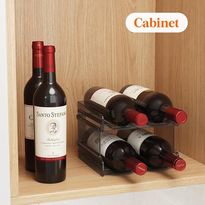 Lifewit Stackable Wine Rack for Cabinet, Plastic Refrigerator Wine Holder | Black Water Bottle Storage Rack for Fridge Shelf, Tumbler Cup Organizer Holds 4 Bottles for Countertop, Kitchen Organization
