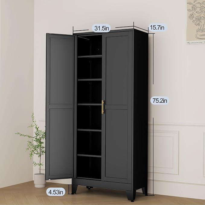 Black Metal Storage Cabinet,75" Steel Cabinets for Home Office | Kitchen Pantry Storage Cabinet with Doors and 5 Adjustable Shelves, Tool Cabinets, for Office, Home, Garage, School