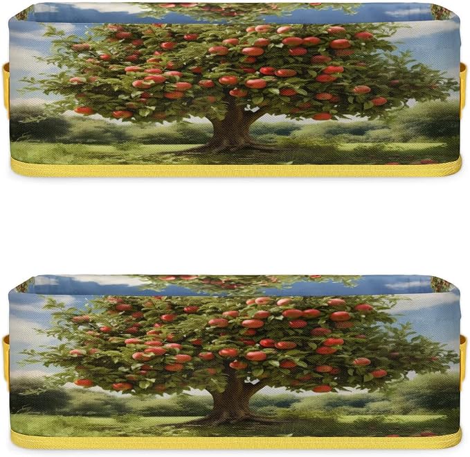 Orchard Apples Tree Bathroom Storage Basket, Foldable with Handle Open Countertop Paper Towel Decorative Box, Toilet Tank Top Shelf Baskets for Home Closet Bedroom Living Room Office