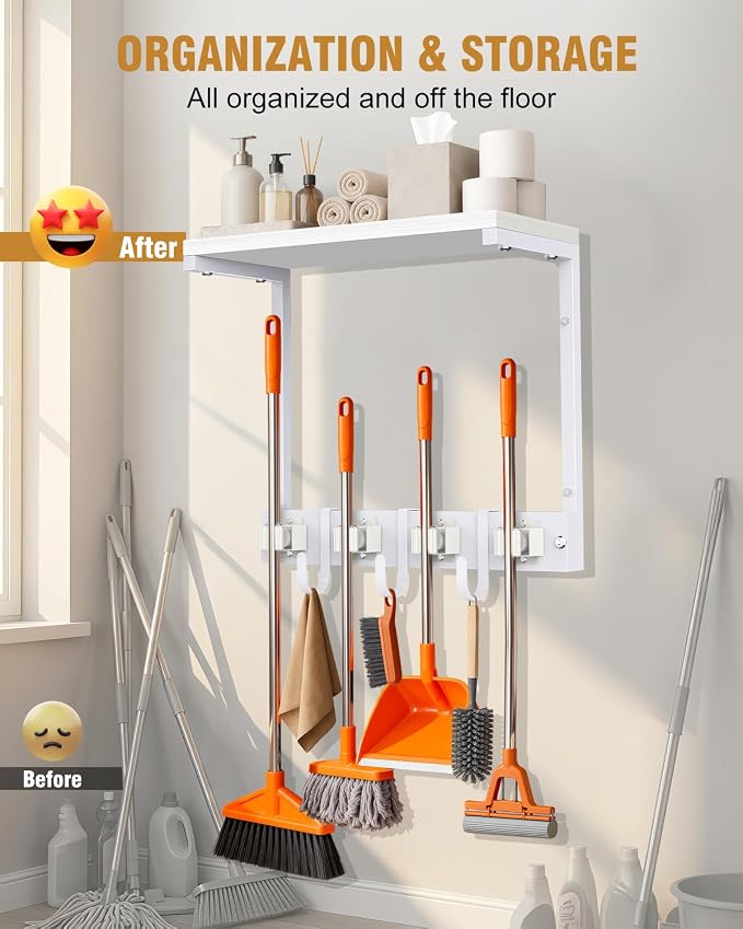 Supforce Small Broom Holder Wall Mount with Shelf, 4 Slots 3 Hooks | White, 2-In-1 Wall Mount Stores Brooms/Mops, Cleaning Supplies With 4 Grippers/3 Hooks And A Sturdy Wooden Top Shelf