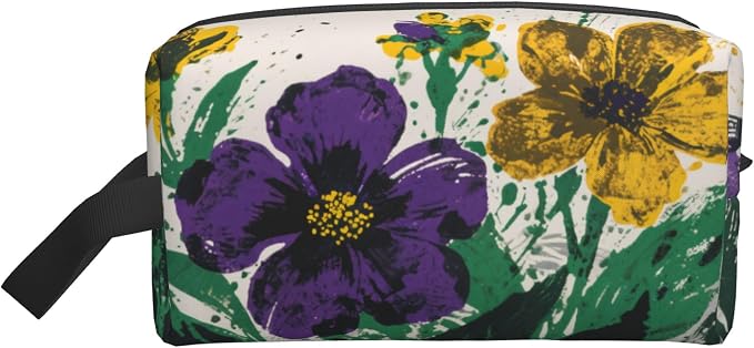 Purple & Yellow Floral Makeup Bag - Durable 600D Oxford Fabric Travel Cosmetic Bag, Shockproof Foam Padded Toiletry Organizer for Gym & Daily Use 10x6.2x4.9 Inch