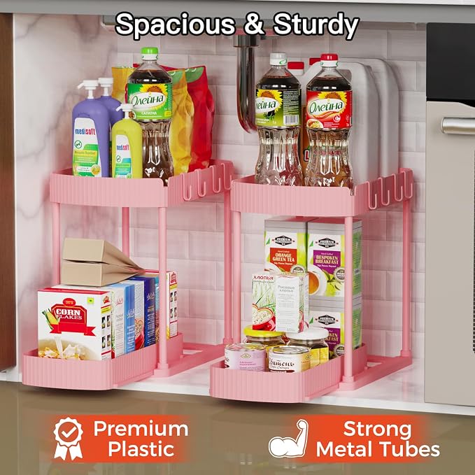 2 Packs Under Sink Pull-Out Storage Organizers, 14.8 Inches,Pink | Multi-Purpose Cabinet Organizers and Storage for Bathroom & Kitchen