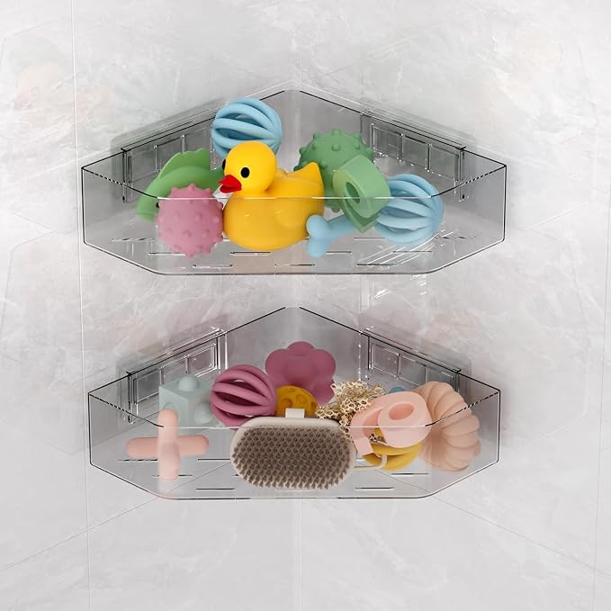 Corner Bathtub Toy Storage, 2-Pack Hanging Bath Toy Holder, Quick-Drying | Large Capacity Bath Toy Organizer Holder, Space-Saving for Bathroom & Kitchen, Storage for Kids Bath Toy, Shampoo(Grey)