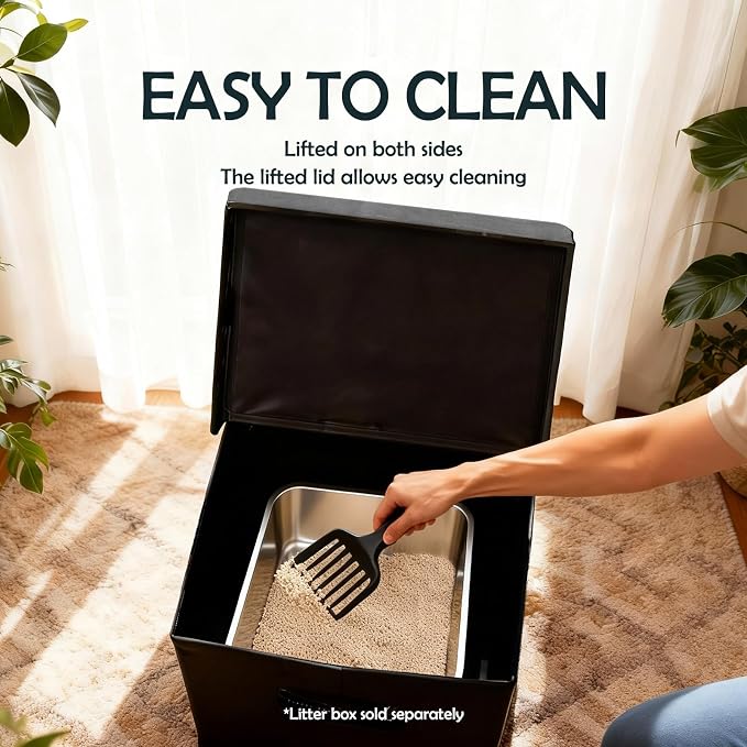 MEEXPAWS Cat Litter Box Enclosure Furniture XL Velvet Lift Design Lid | Large Hidden Cat Washroom Bench Ottoman, Storage Cabinet Dog Proof,Urine Proof, Easy Clean, Quick Assembly,Black