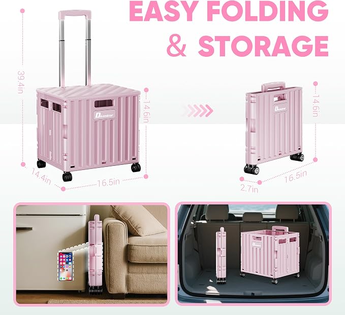Folding Utility Cart with Lid, Portable Rolling Crate Handcart Collapsible Shopping Trolley, Durable Plastic Foldable Tool Basket with 4 Rotate Wheels for Grocery, Office, Luggage, School - Pink