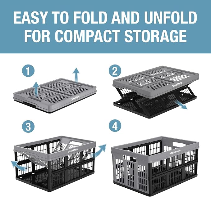 CleverMade Collapsible Utility Crate (Recycled) - 45L - Ocean (3PK) | Create Stackable Order for Groceries, Tools, and Gear | Each Crate Holds 66 lb, Folds Under 3 Inches, and Carries Easily