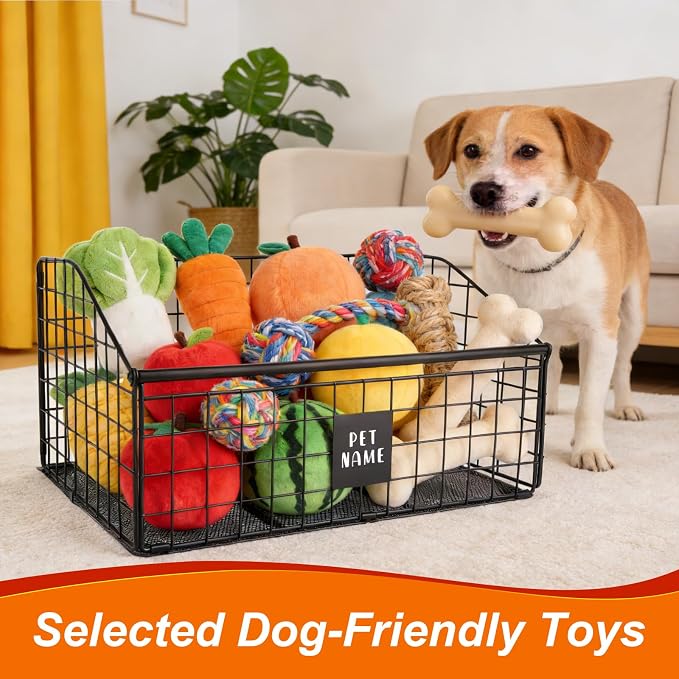 Penitue Indestructible Dog Toy Basket, 42.5x28x21.5cm/16.7x11x8.5in Metal Storage Bin for Chew Toys Bones and Treats Durable Toy Organizer Pet Toys Box for Living Room Area (Black)