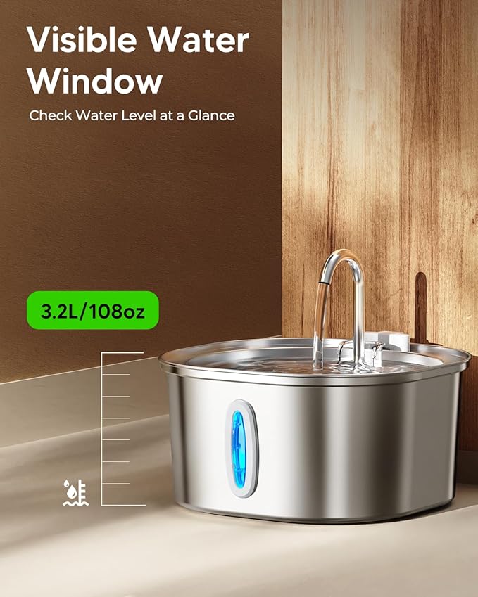 PEKTACO Stainless Steel Cat Water Fountain, 3.2L/108oz Cat Water Dispenser with Quiet Water Pump, Dishwasher Safe Pet Drinking Fountain for Cats