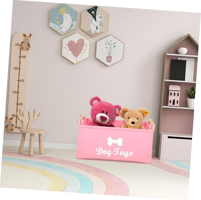 UKCOCO Pink Felt Pet Storage Box with Wooden Handles Large Square Organizer for Dog and Sundries Lightweight and Portable Household Basket for Home and Utility