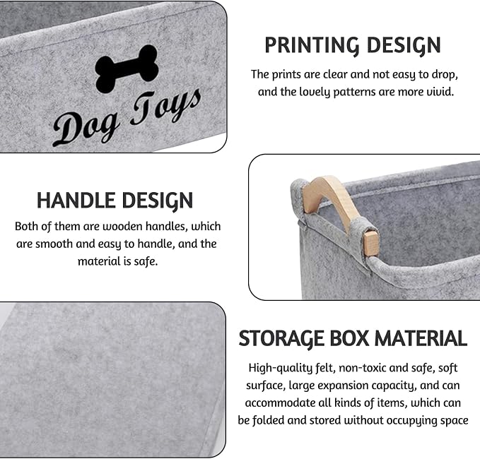 Puppy Toy Storage Box, Grey Puppy Toy Box Storage Basket, 15 x 11 x 7 inch Large Dog Toy Basket for Organizing Pet Toys, Blankets, Leashes