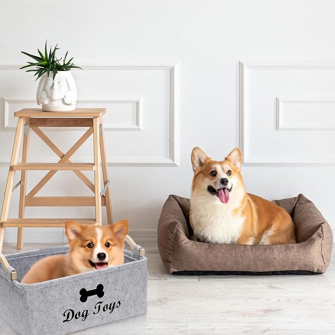 Puppy Toy Storage Box, Grey Puppy Toy Box Storage Basket, 15 x 11 x 7 inch Large Dog Toy Basket for Organizing Pet Toys, Blankets, Leashes