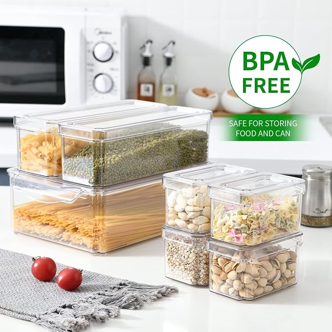 KUMD 10 Pack Food Storage Organizer Bins, Clear Stackable Containers | Organizer bins with lids for food packets, snacks, spice pouches, tea & dry goods. Fits pantry, kitchen cabinet & countertop