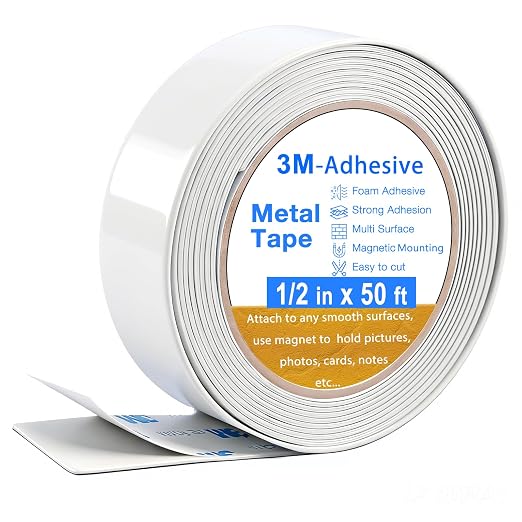 Adhesive Metal Strip for Magnets, (1/2'' Wide x 50 ft Long) Flexible Metal Tape Roll, White Ferrous Tape Stick on Wall to Hold Magnetic Products