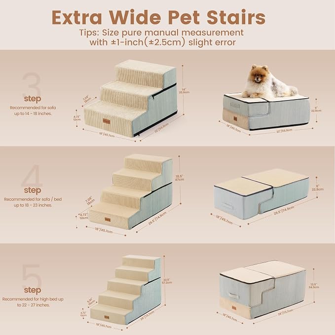 Gardner Pet Dog Stairs for Small Dogs 18.5" H, 4-Step Extra Wide Dog Steps for Bed, Pet Stairs for Bed and Couch with Durable Non-Slip Waterproof Fabric Cover and Soft Foam, Beige