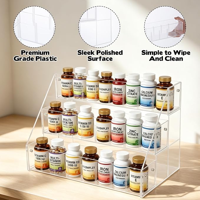 Rainmae 3-Tier Vitamin Storage Organizer, Medicine Cabinet Organizer, Pill Bottle Organizer, Medicine Bottle Organizer for Countertop, Shelf for Vitamin Bottles Pills Medical Supplies Bathroom Cabinet
