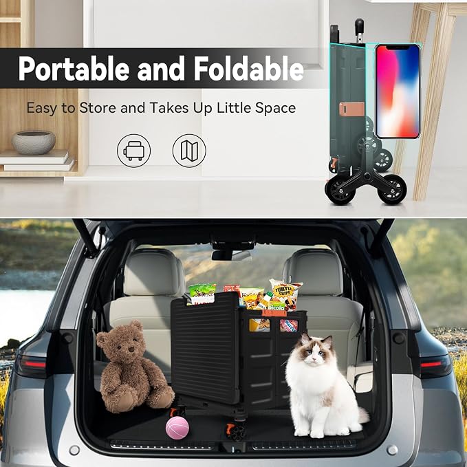 Foldable Utility Cart Portable Crate Rolling Dolly with Telescopic Handle,Can be Pulled diagonally, Magnetic Retractable Lid, 360°Swivel Climbing Wheels for Shopping Carrying Groceries Move Black