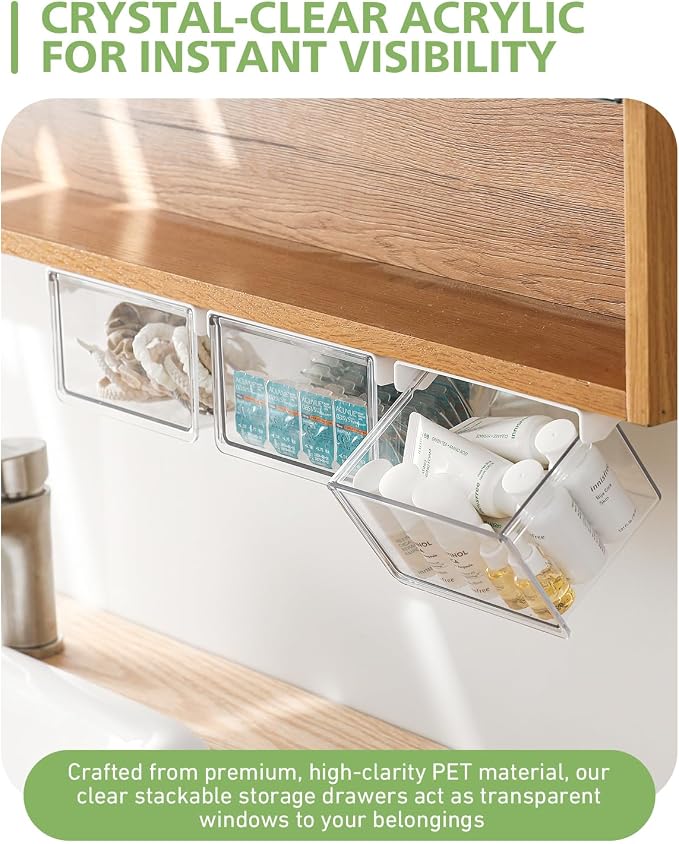 BALUCA Small Clear Stackable Storage Drawers – 33° Angled Acrylic Makeup Organizer for Vanity, Undersink & Kitchen Cabinets | Multi-Purpose Plastic Storage Bins & Drawer Organizer Bins (Small)