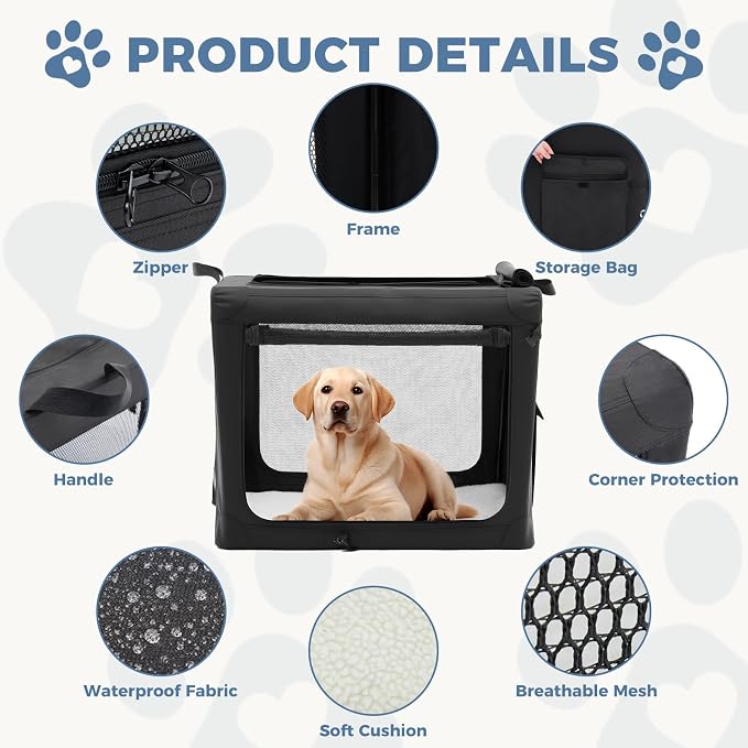 DUMOS Soft Dog Crate 30 Inch, Large Foldable Outdoor Cat Carrier | Foldable Portable Design, Indoor Outdoor Travel Kennel, Storage Bag, Washable Pad, Black
