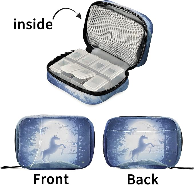 Fairy Unicorn Pill Box 7 Day Pill Case Travel Pill Organizer Bag with Zipper Portable Weekly Case Compact Size for Vitamin Supplement Holder