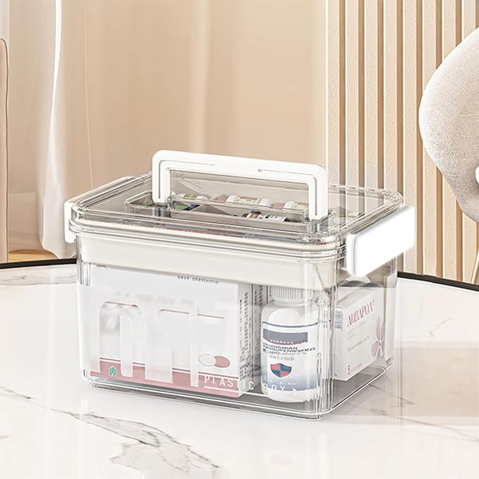 Clear Medicine Organizer Storage Box with Handle, Clear Plastic Medicine Storage Organizer and First Aid Box, Multipurpose Medication Organizer Storage for Home, Office and Travel