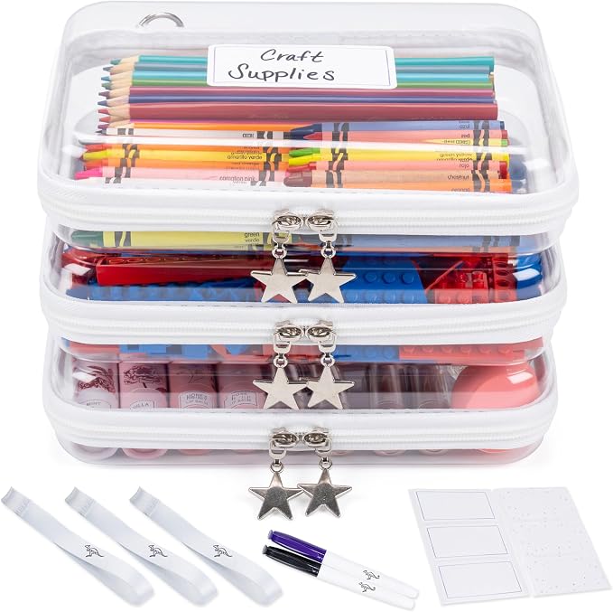 Clear Hard Shell Zipper Case Set (3 Medium), 120s Thick PET Plastic Storage Bags, Dual Zipper Travel Organizer with Star Charms, Removable Strap, Removable Labels & 2 Markers