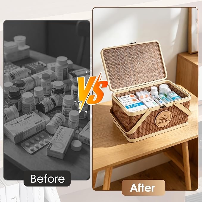 Medicine Basket, Medicine Basket Organizer with Lid, Seagrass Storage Basket Bins for Medicine Pill Vitamin Bottle