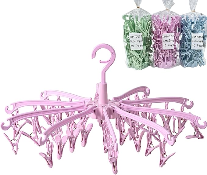 Clothes Sock Drying Hanger with 40 Clips,Foldable Hanging Rack | for Drying Socks Lingerie Baby Clothes Drying Towels Rotatable Sock Drying Rack with 40 Pegs Clips(Pink)