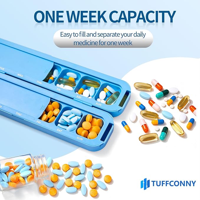 Weekly Pill Organizer - Travel Medicine Organizer, Pill Boxes and Organizer 2 Times a Day, 7 Day Pretty Pill Case, Pill Holder for Vitamins, Medicines and Tablets (Turquoise Blue)