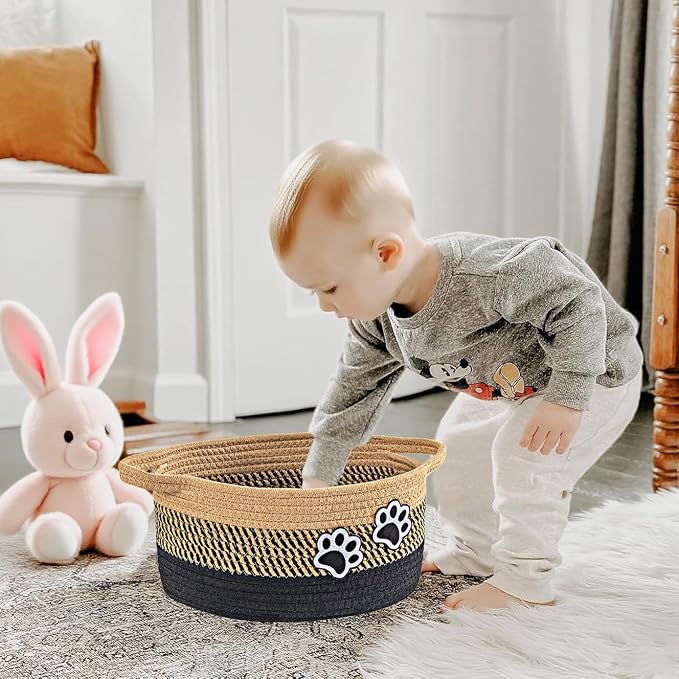 Small Woven Cotton Rope Nursery Organizer Bins, Dog Toy Basket Bins with Handle, Cute Empty Pet Gift Storage Baskets with Paw