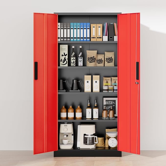 Greenvelly Metal Storage Cabinet,72" Locking Metal Garage Storage Cabinet with Doors and 4 Adjustable Shelves, Lockable Steel Cabinet for Home Office, Garage, Shop, School (Red 32" W x 16" D)
