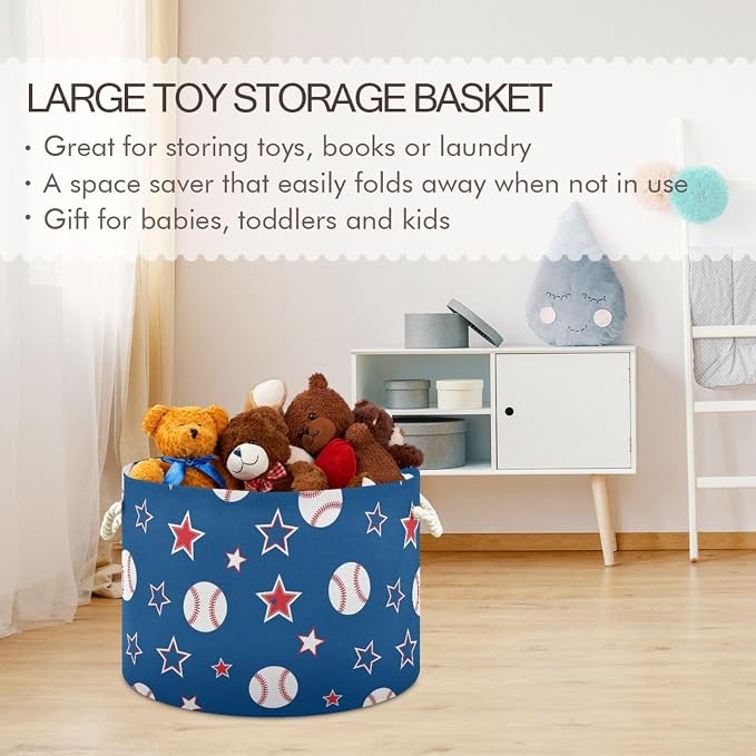DOMIKING Large Storage Basket for Toys Blue Baseball Stars Storage Bin Box Organizer Basket for Home Decor Pet Toy Blankets Nursery