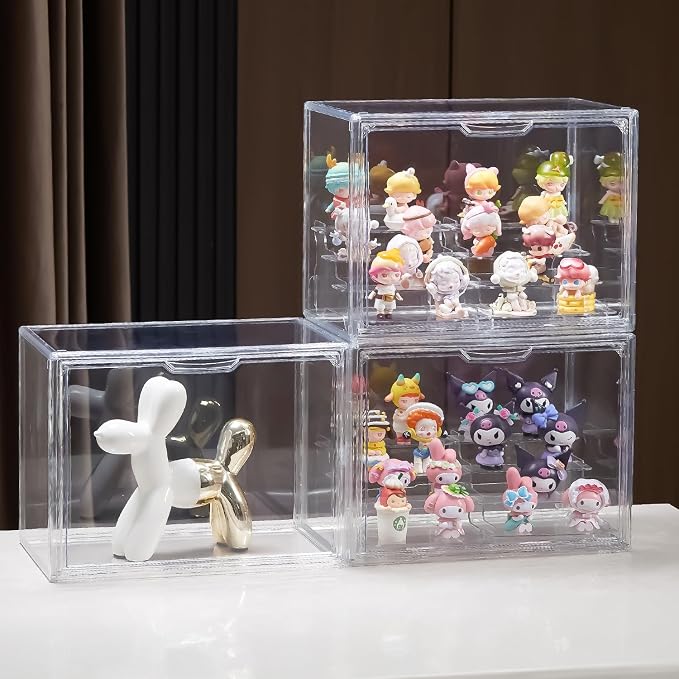4 Tiers Clear Display Case, Plastic Storage Bins with 2 Display Risers and Magnetic Door,Stackable Display Box for Figures Showcase (XLarge -4 Tier-1 Pack)